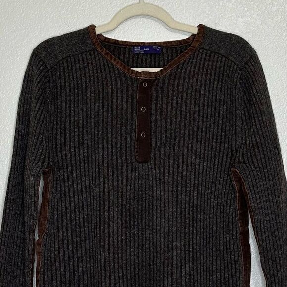 Zara Men’s Wool Blend Knitted Velvet Trim Henley Sweater - Picture 3 of 10